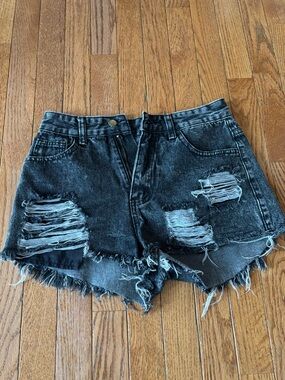 SHEIN Black Washed Distressed Denim Shorts